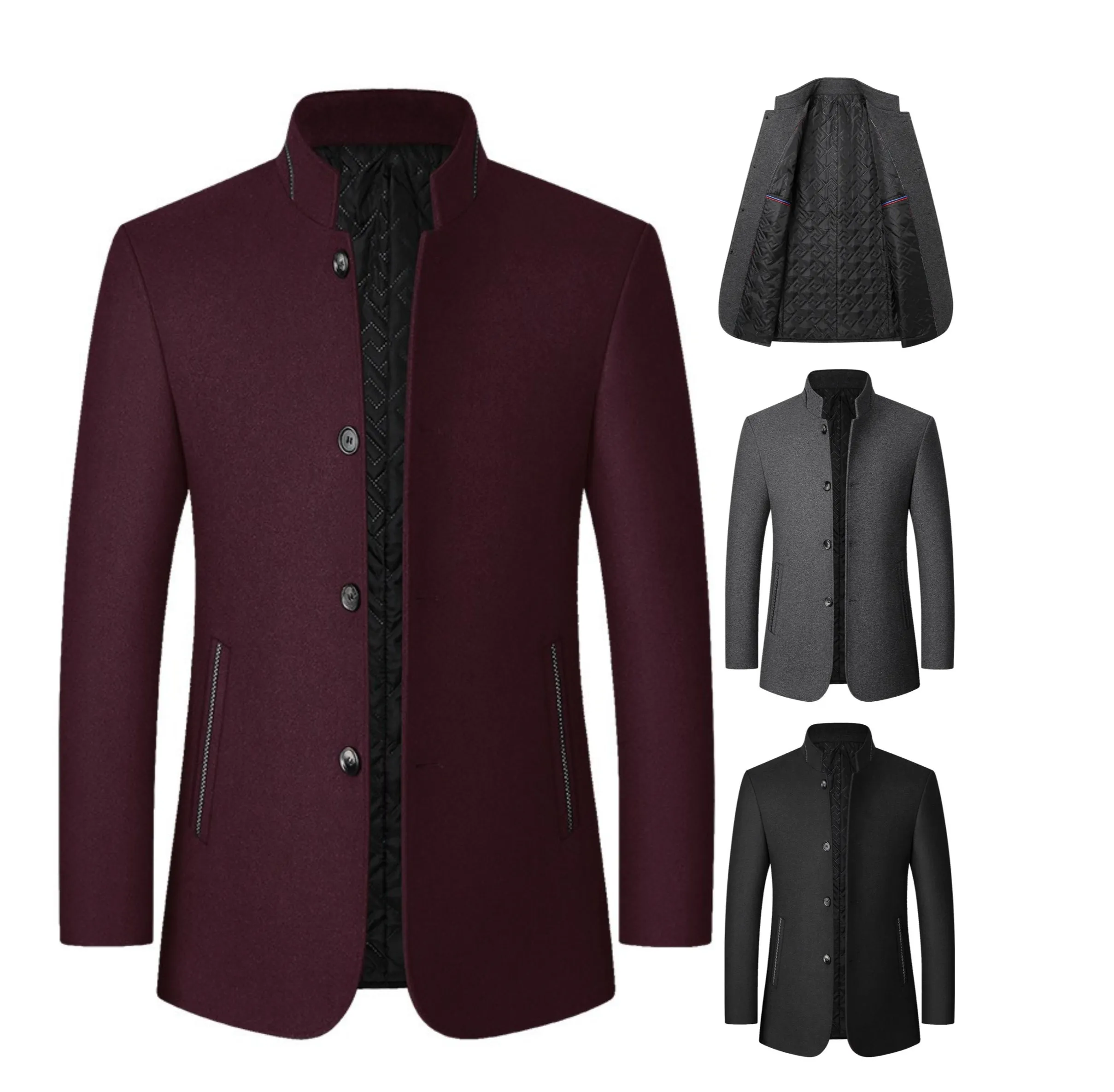 Men Stand Collar Long Sleeves Solid Color Daily Casual Woolen Jacket | J2105