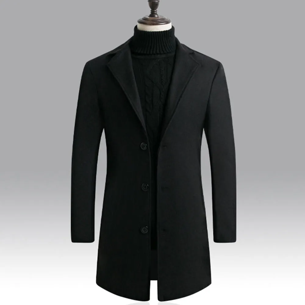 Men Woolen Jacket Solid Color Single-Breasted Lapel Long Coat Business Overcoat | D67