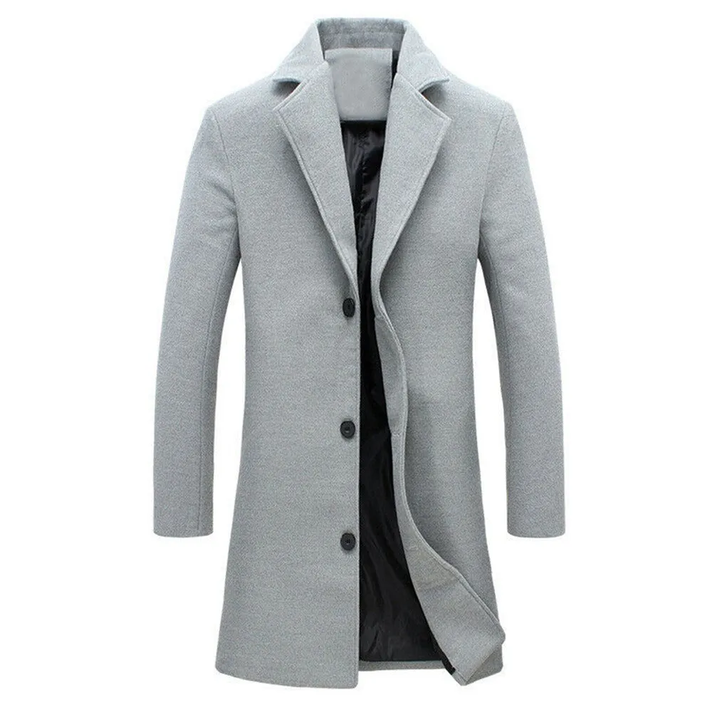 Men Woolen Jacket Solid Color Single-Breasted Lapel Long Coat Business Overcoat | D67