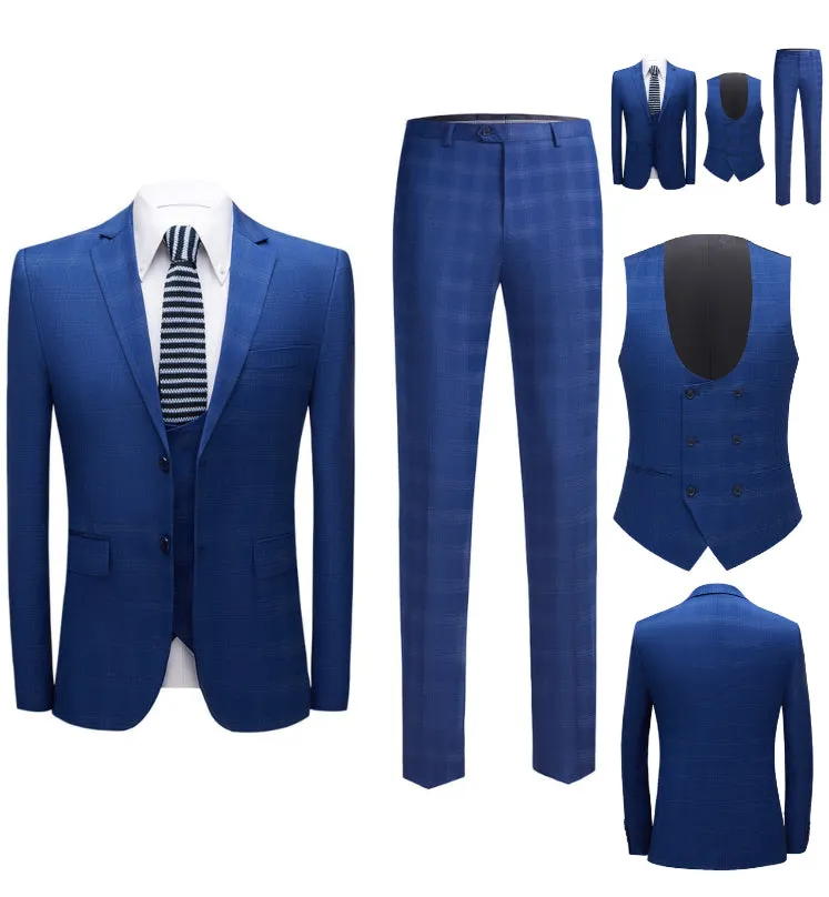 Men's 3 Pieces Slim Fit Suit Plaid Tuxedo Suit Dark Blue Business Wedding Dress Men Classic Formal Jacket Pants Vest | 9812-59