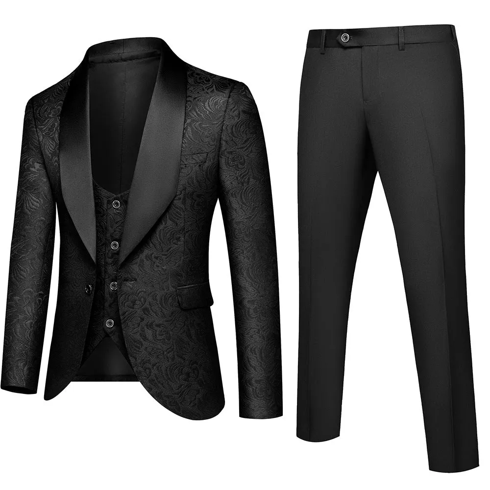 Mens Embossed Floral 3 Piece Suit Slim Fit Jacquard Tuxedo One Button Paisley Shawl Lapel Blazer | 1931