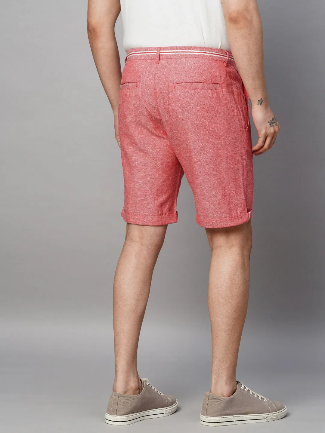 Men's Red Cotton Linen Regular Fit Shorts