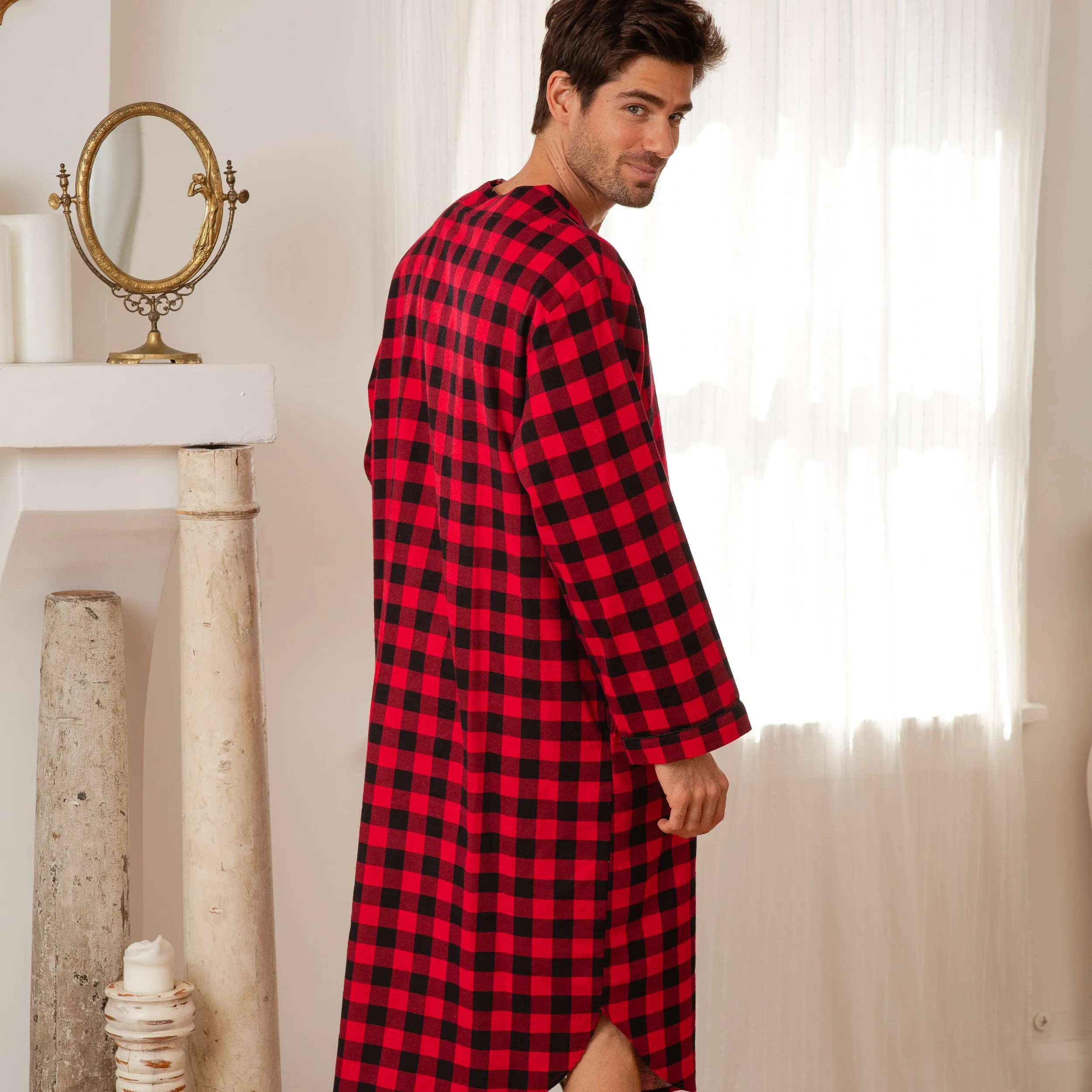 Men's Soft Cotton Flannel Sleep Shirt, Long Henley Night Shirt Pajamas