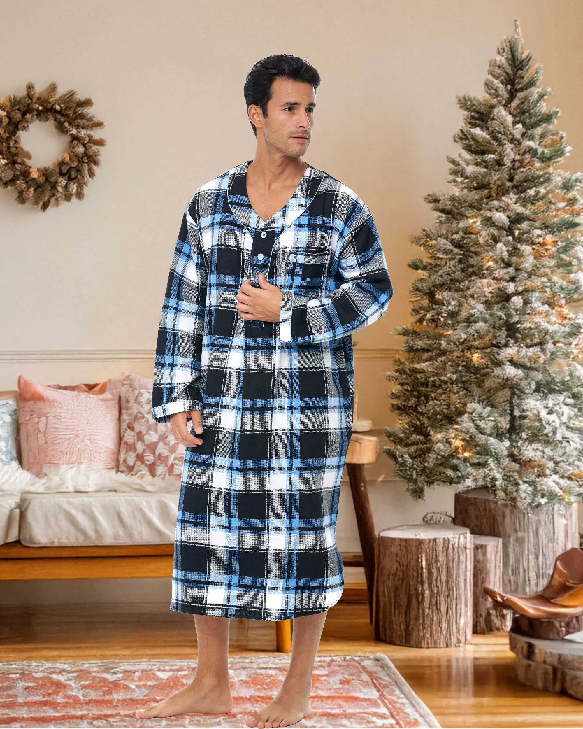 Men's Soft Cotton Flannel Sleep Shirt, Long Henley Night Shirt Pajamas