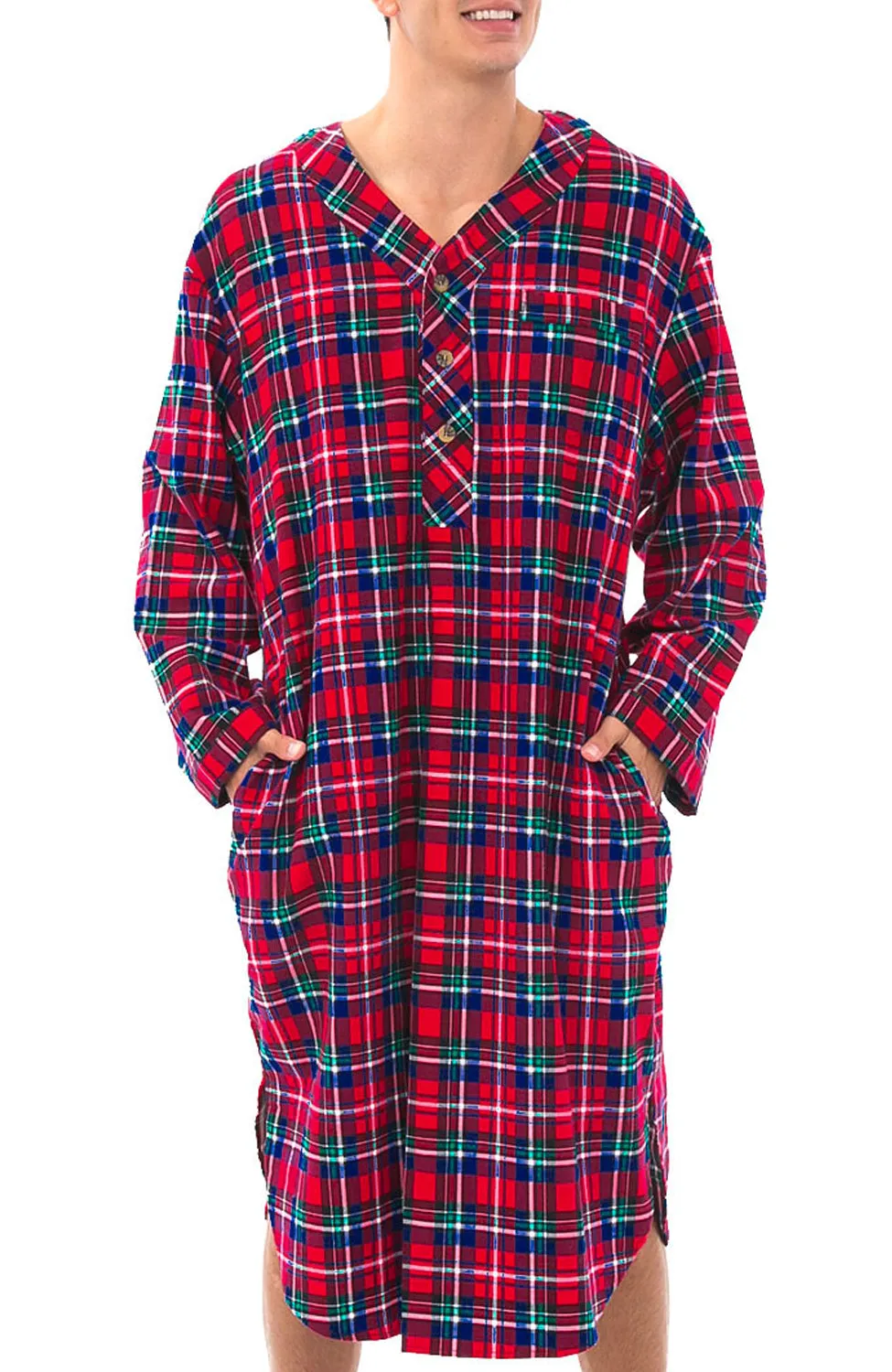 Men's Soft Cotton Flannel Sleep Shirt, Long Henley Night Shirt Pajamas