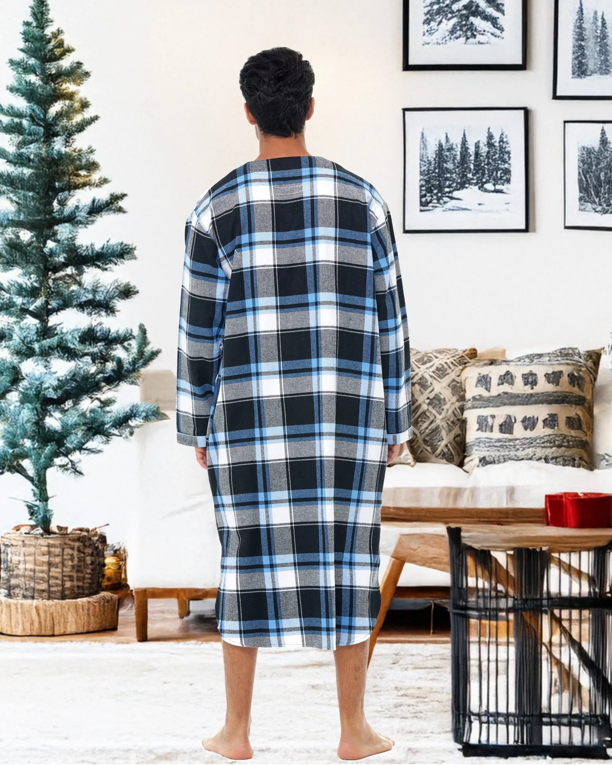 Men's Soft Cotton Flannel Sleep Shirt, Long Henley Night Shirt Pajamas