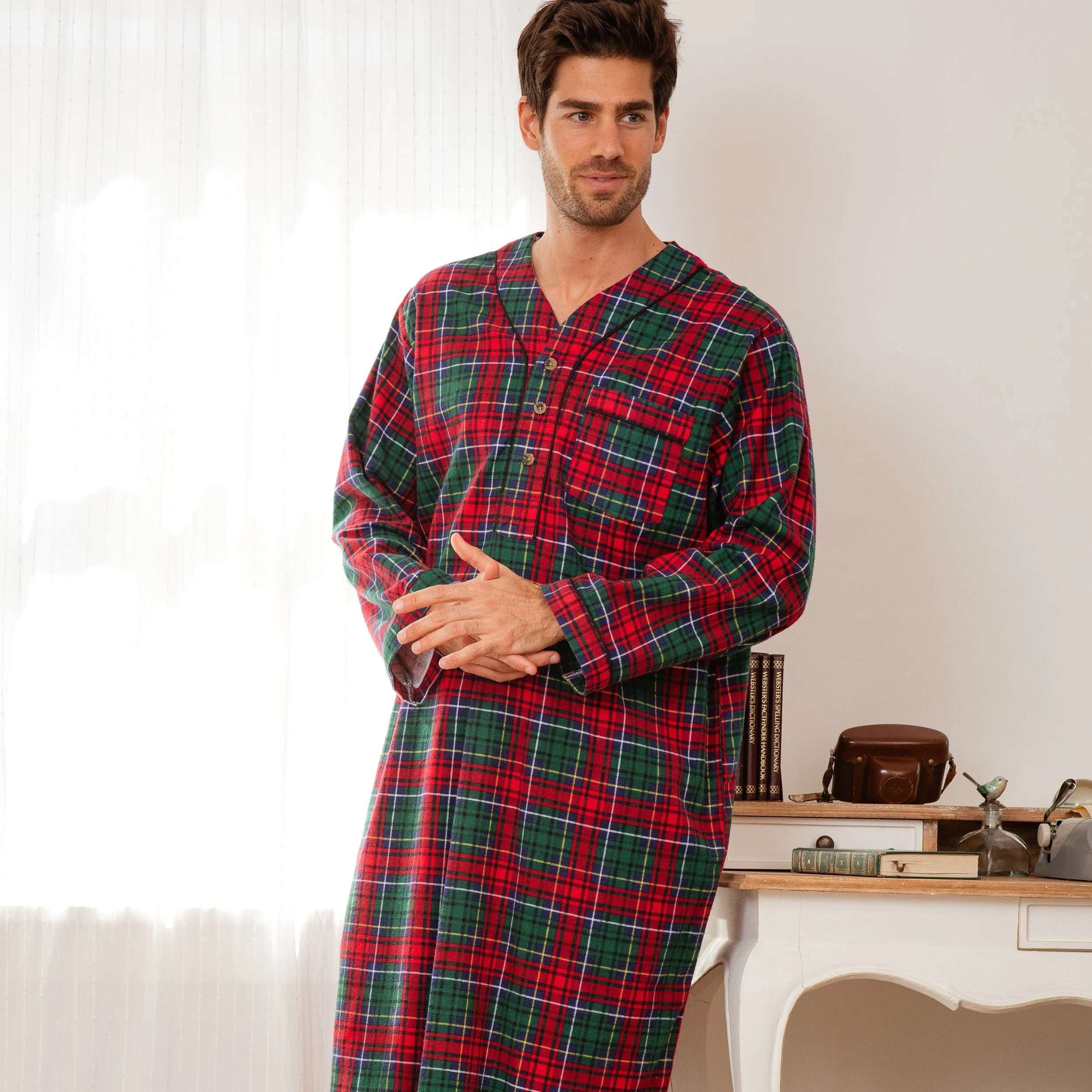 Men's Soft Cotton Flannel Sleep Shirt, Long Henley Night Shirt Pajamas