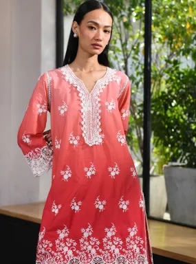 Mulmul Cotton Chapoli Red Kurta With Mulmul Cotton Chapoli Red Pant