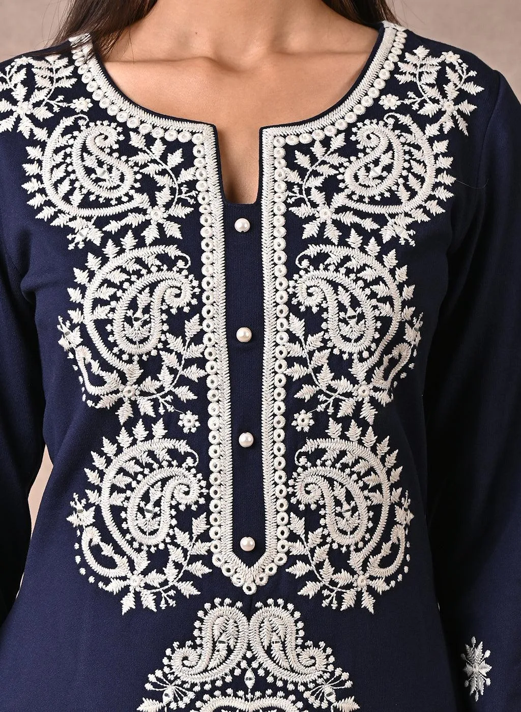 Navy Blue Woolen Kurta with Fine Embroidery