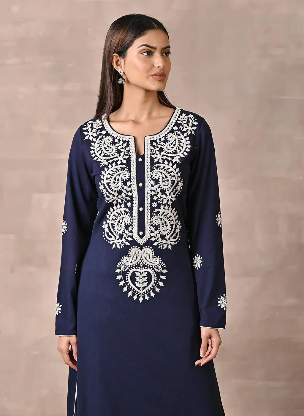 Navy Blue Woolen Kurta with Fine Embroidery