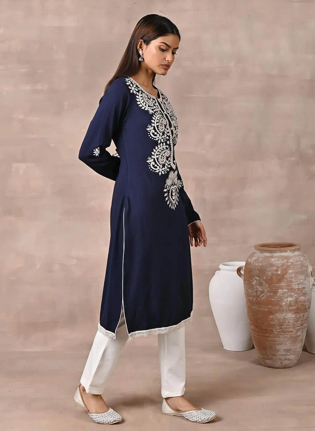 Navy Blue Woolen Kurta with Fine Embroidery