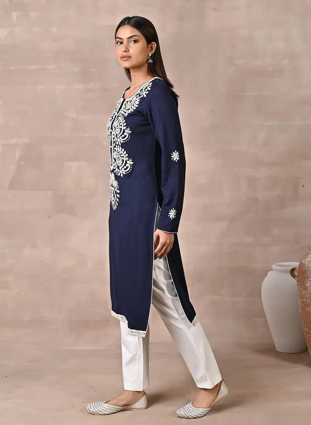 Navy Blue Woolen Kurta with Fine Embroidery