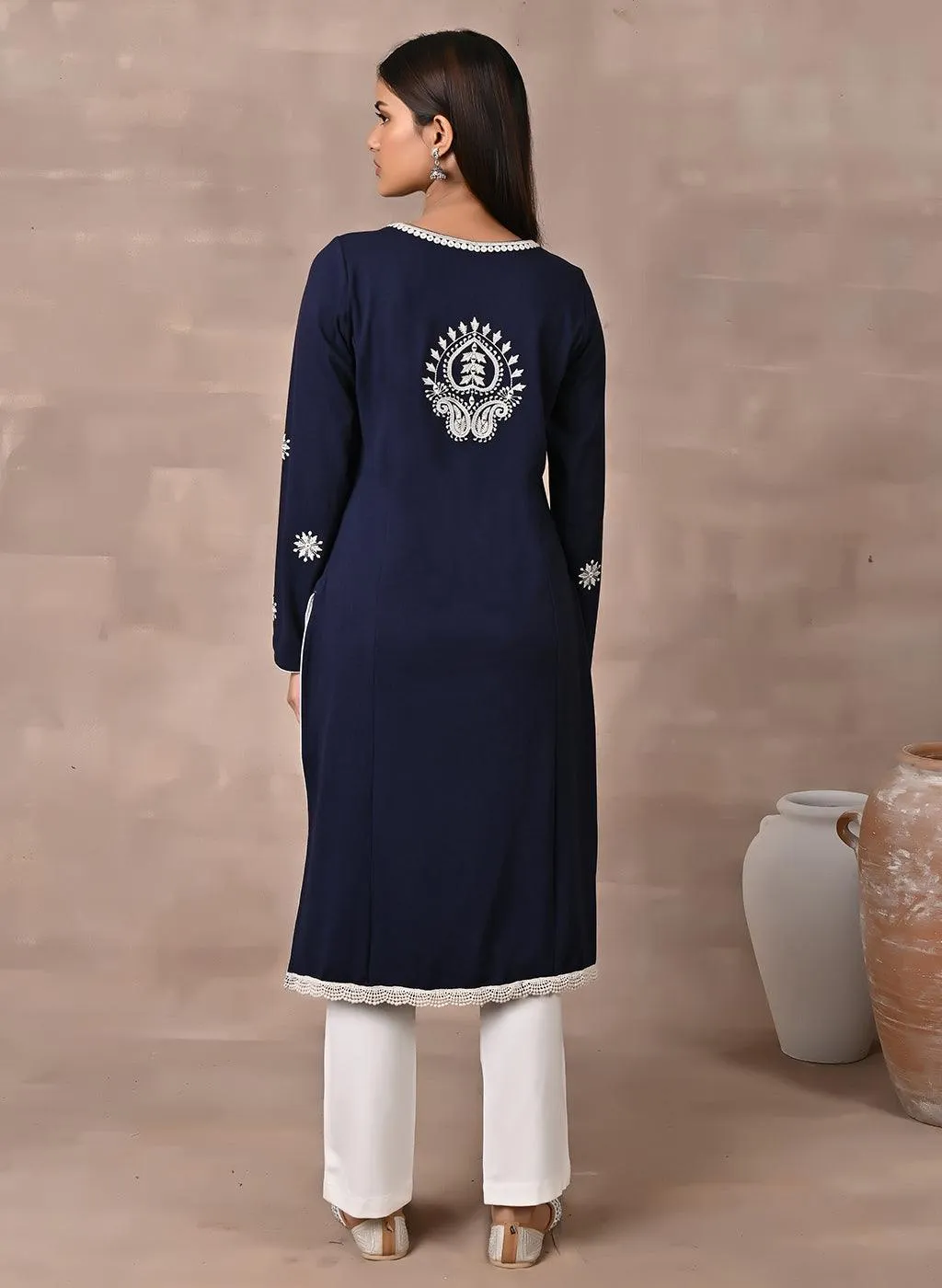 Navy Blue Woolen Kurta with Fine Embroidery