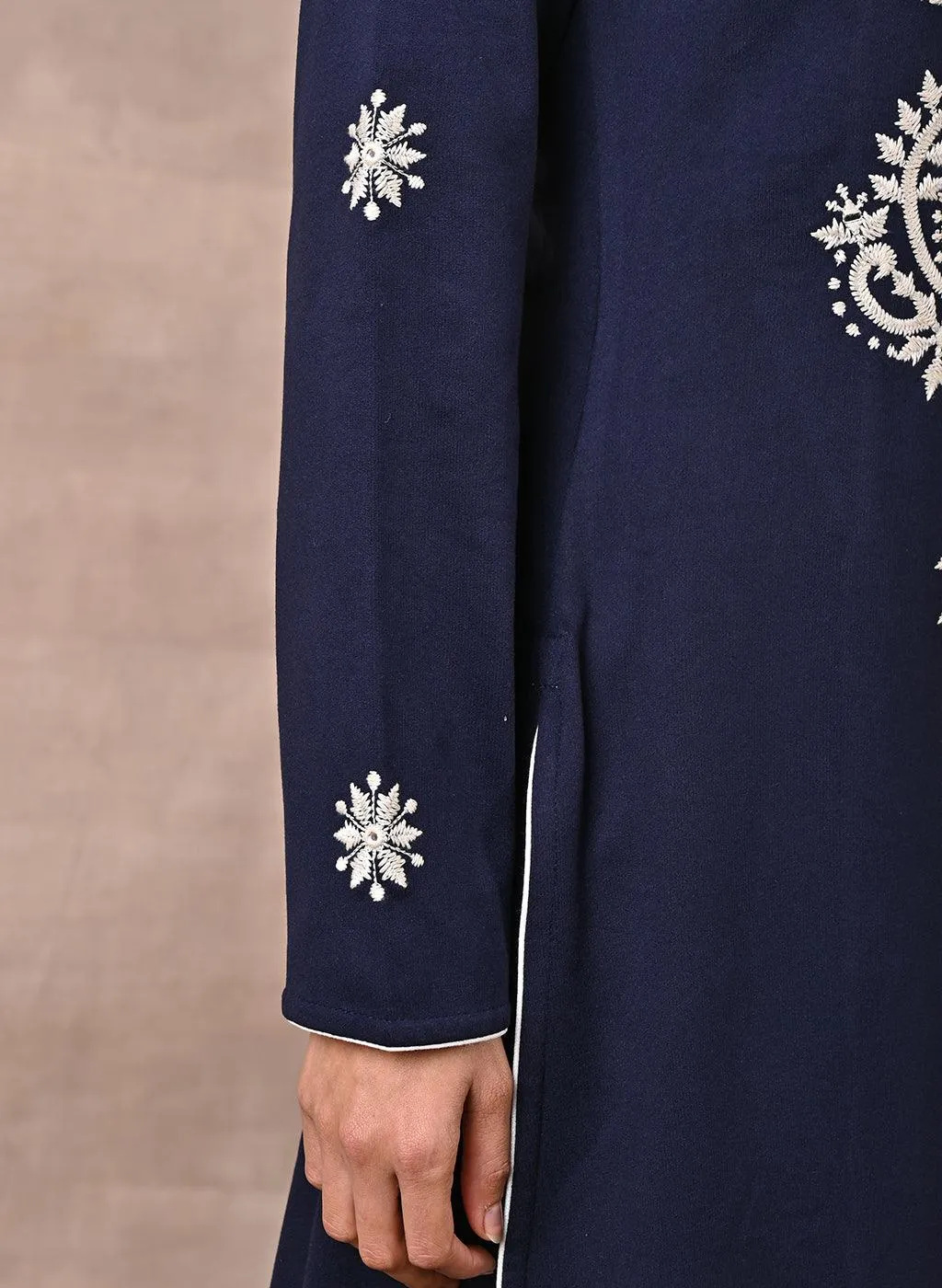 Navy Blue Woolen Kurta with Fine Embroidery