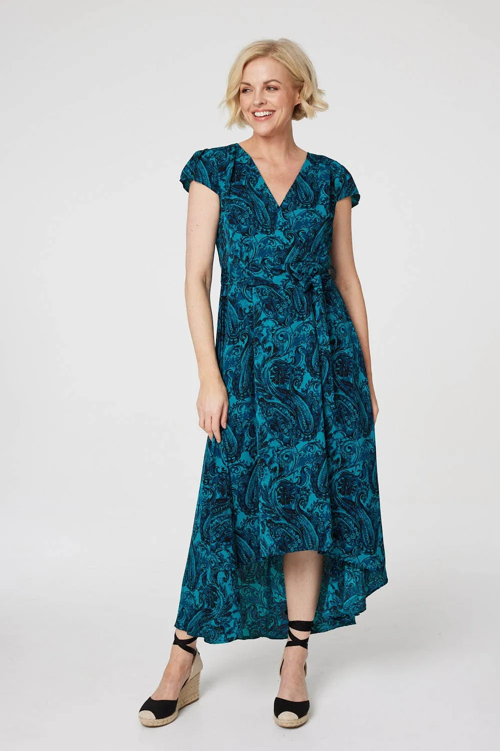 Paisley Print High Low Wrap Dress