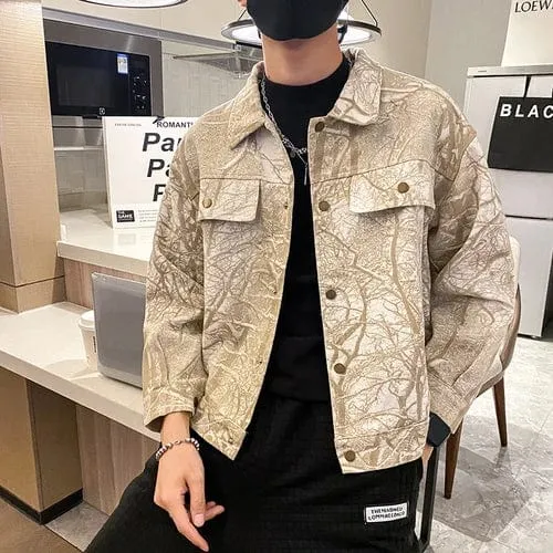 Patterned Denim Jacket Men's Casual Streetwear Outwear Loose Coat