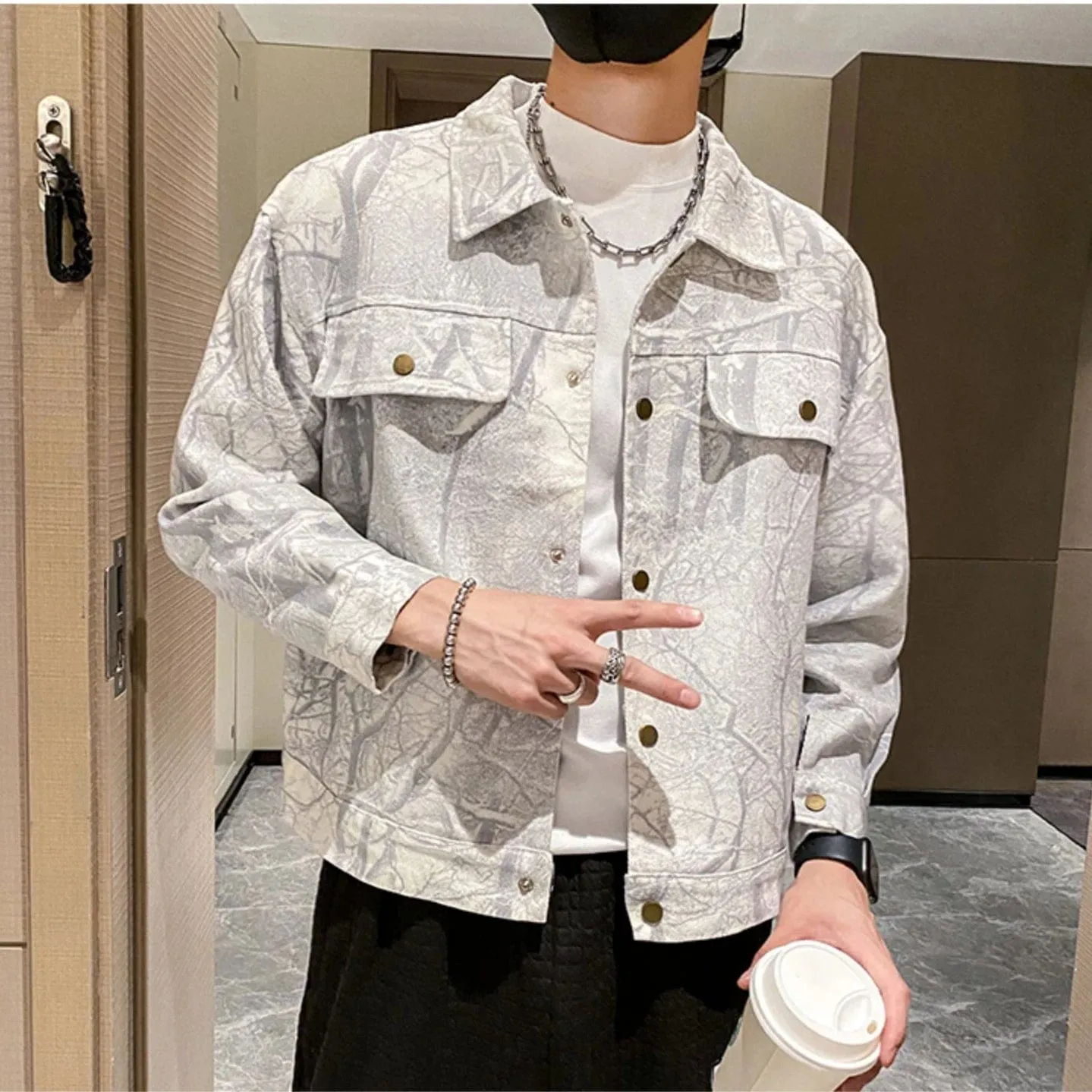 Patterned Denim Jacket Men's Casual Streetwear Outwear Loose Coat