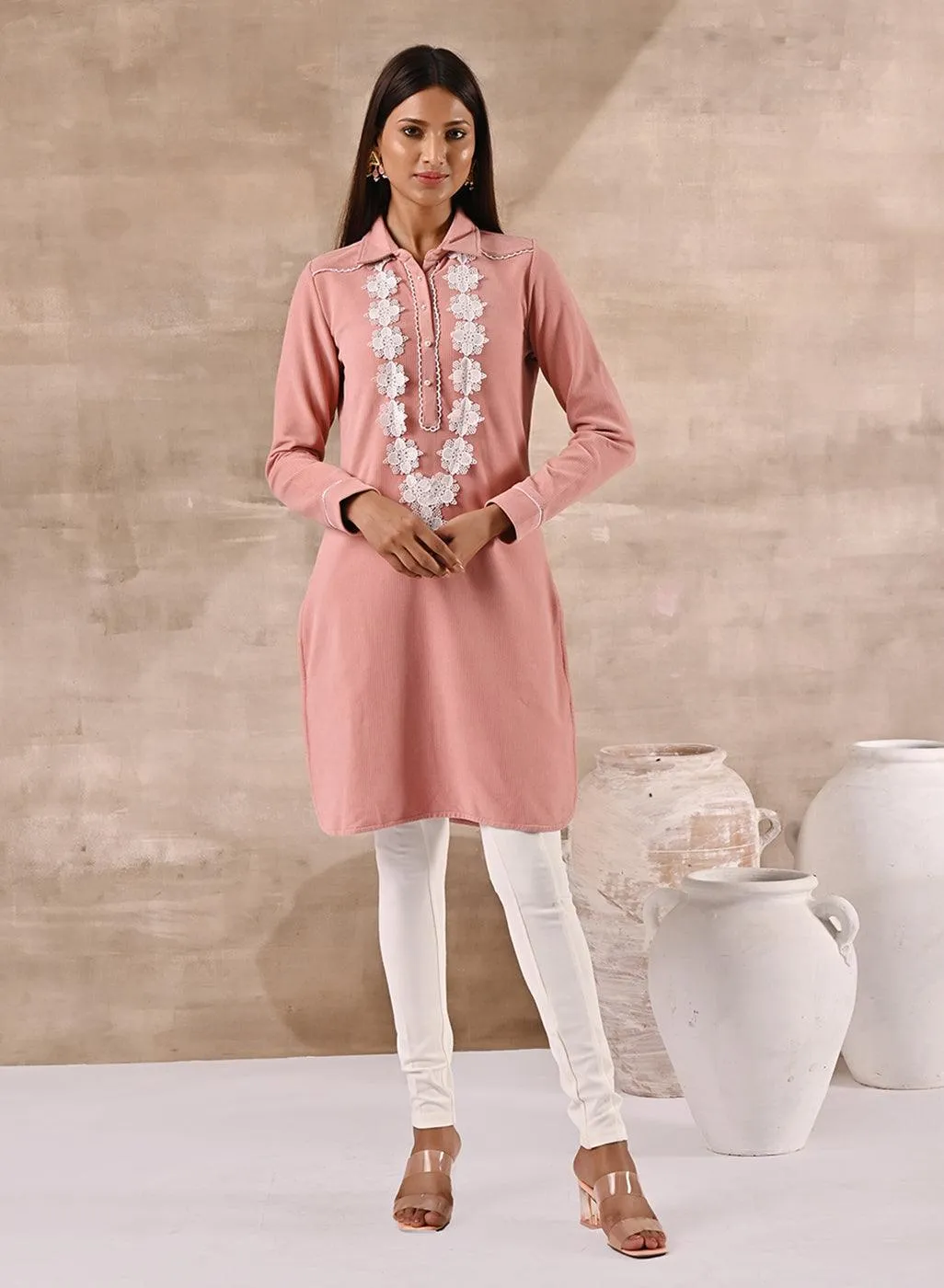 Peach Full Sleeve Woolen Striped Kurti with Lace Work