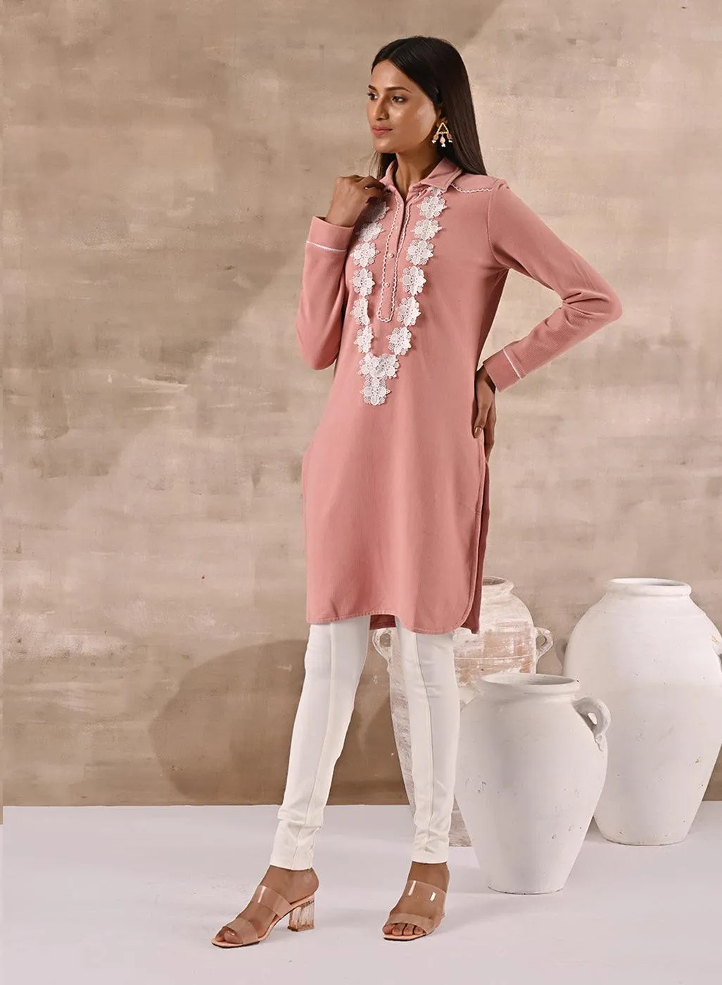 Peach Full Sleeve Woolen Striped Kurti with Lace Work