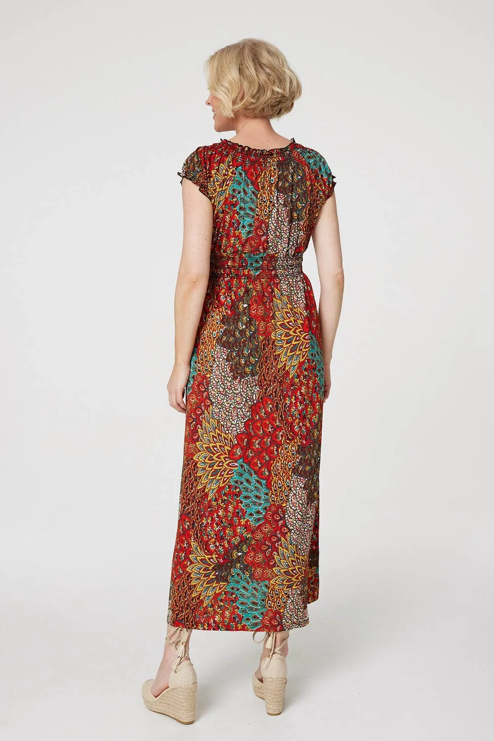 Peacock Print V-Neck Maxi Dress