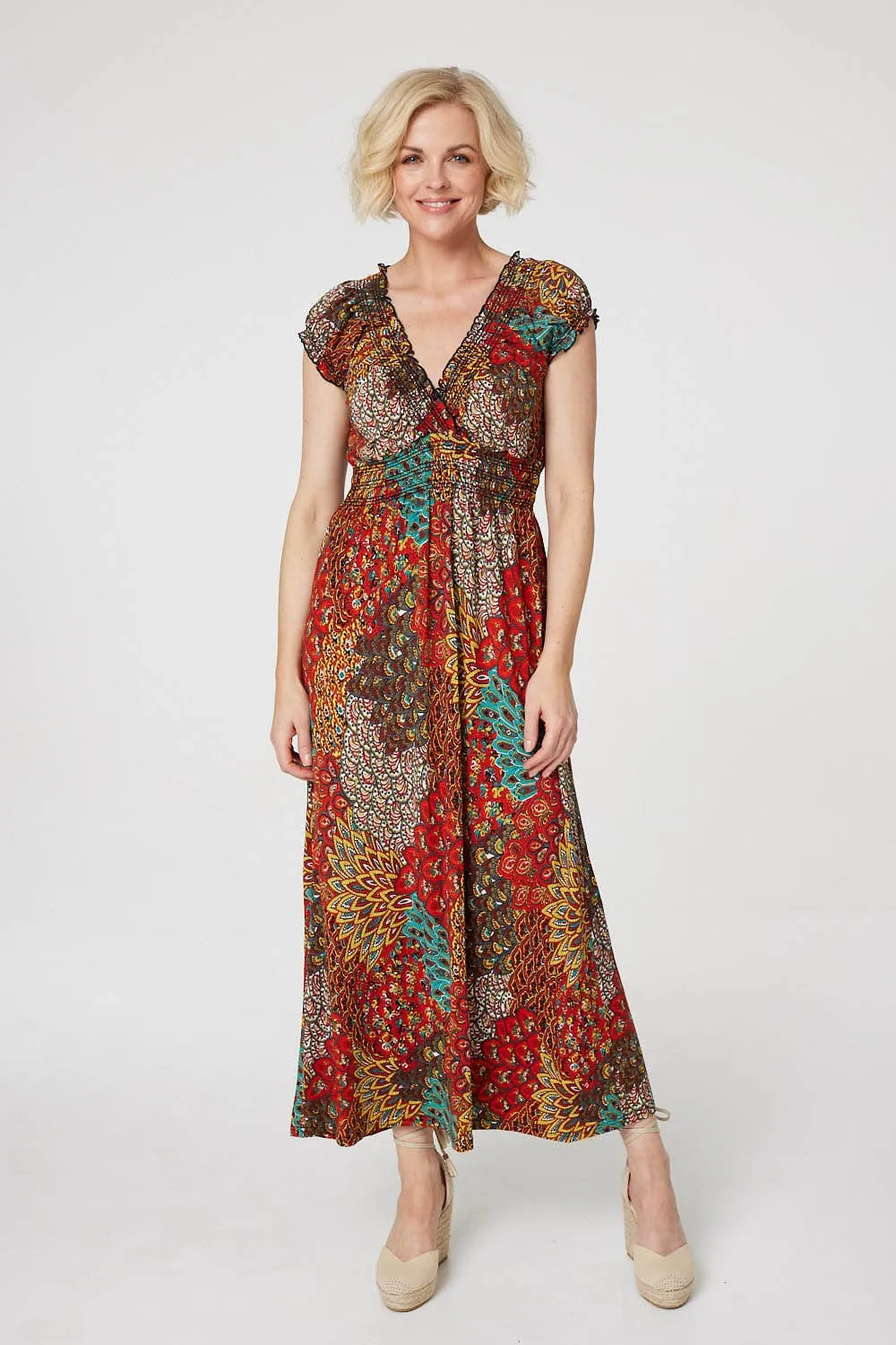 Peacock Print V-Neck Maxi Dress