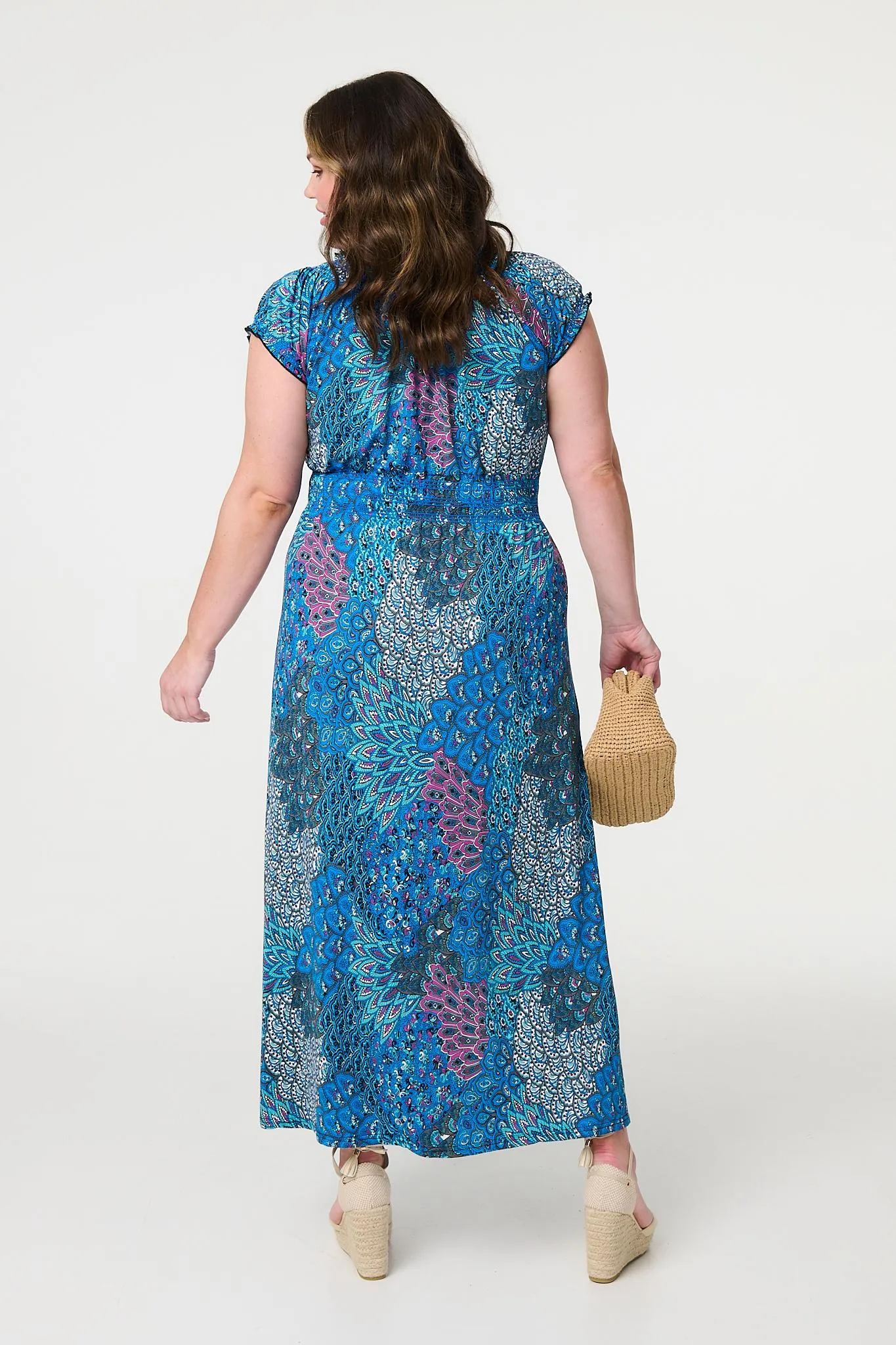 Peacock Print V-Neck Maxi Dress