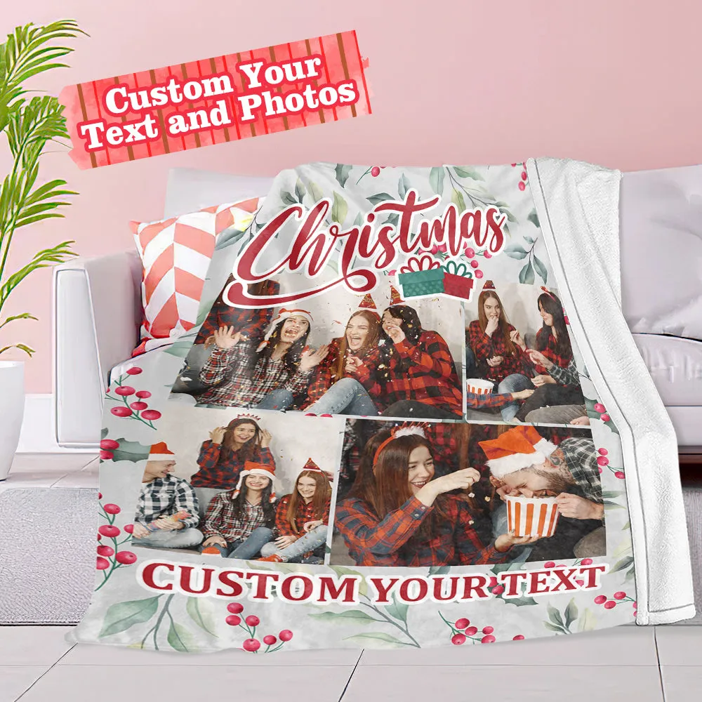 Personalized Collage Photo Christmas Fleece Blanket with Text