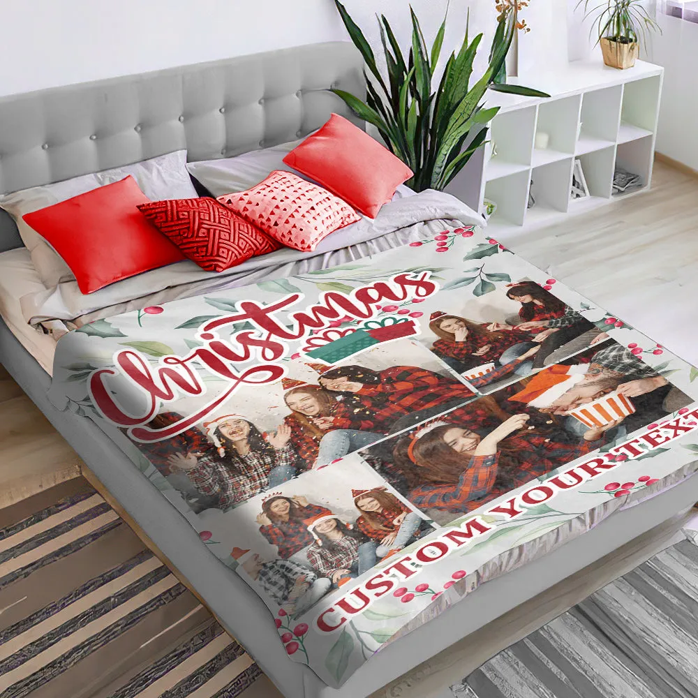 Personalized Collage Photo Christmas Fleece Blanket with Text