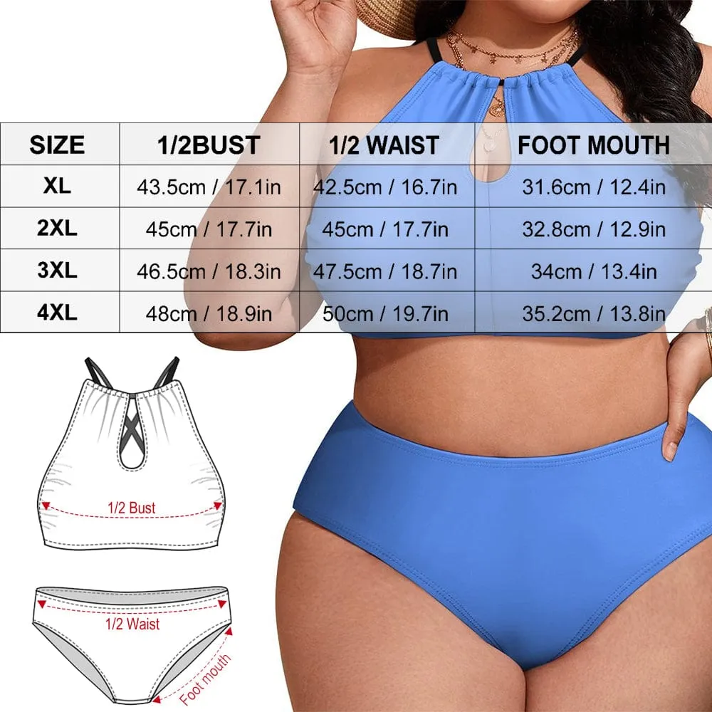 #Plus Size Halter Bikini-Custom Face Coconut Tree Holiday Style Plus Size Swimsuit High Neck Cutout High Waisted Bikini Personalized Women's Two Piece Swimsuit Beach Outfits