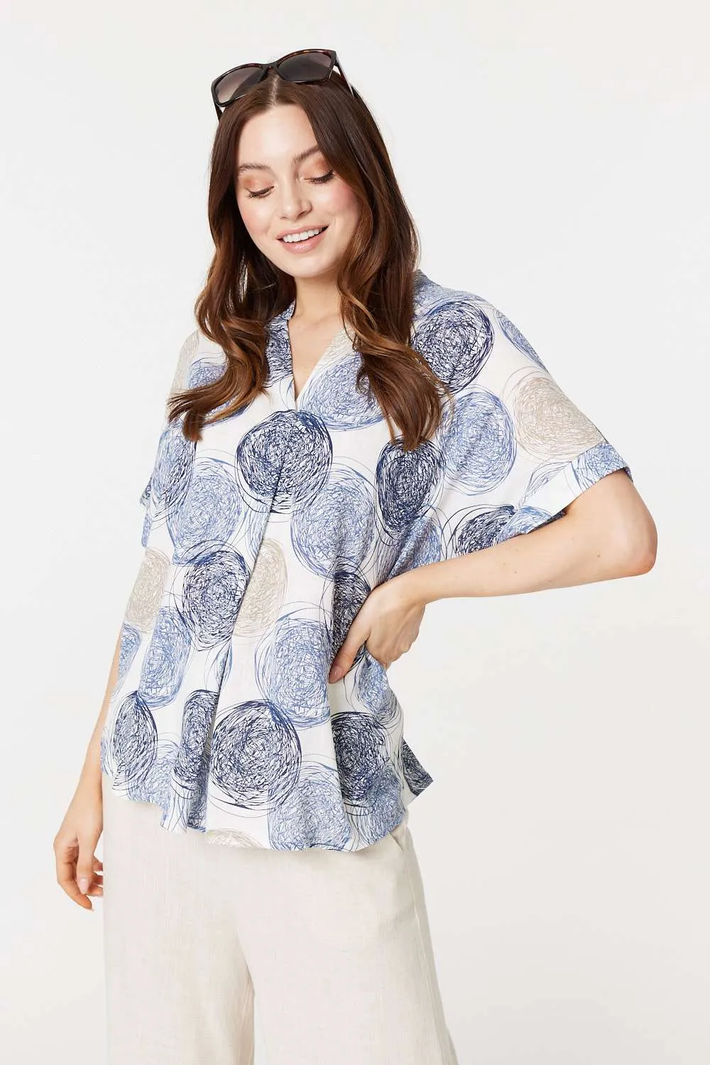 Printed V-Neck 1/2 Sleeve Blouse