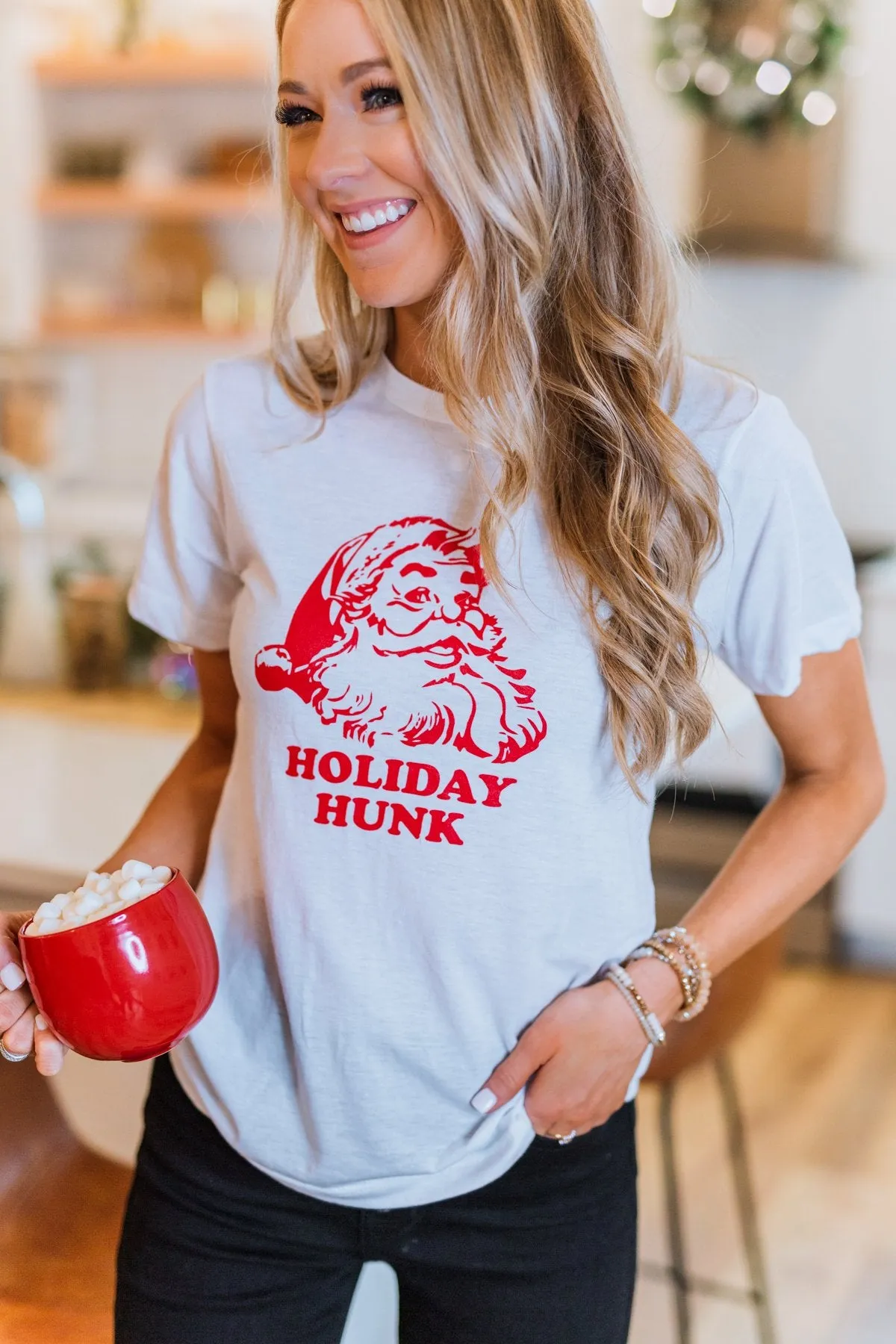 "Holiday Hunk" Santa Graphic Tee- Off White