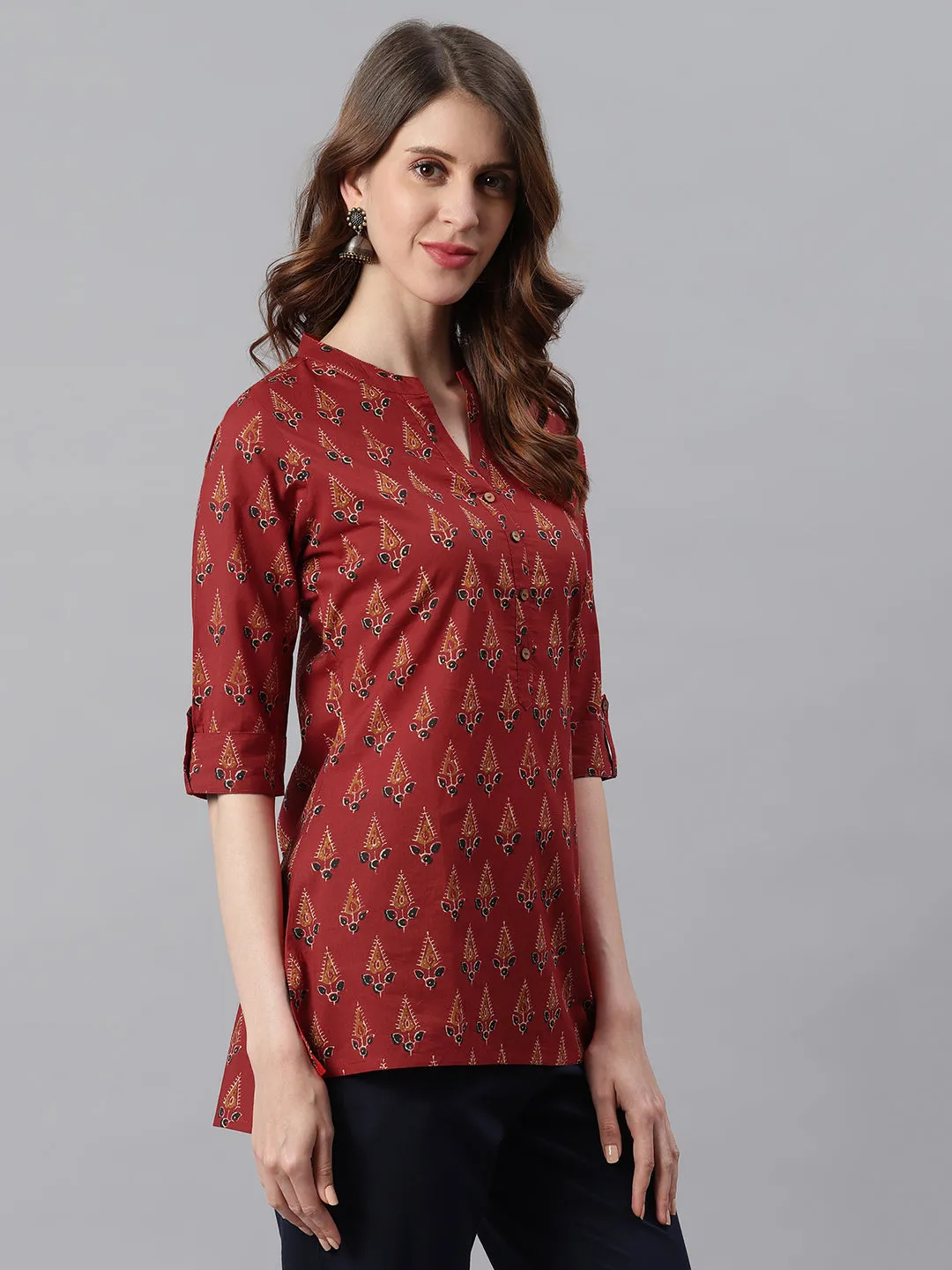 Red Cotton Ethnic Motifs Straight Tunic