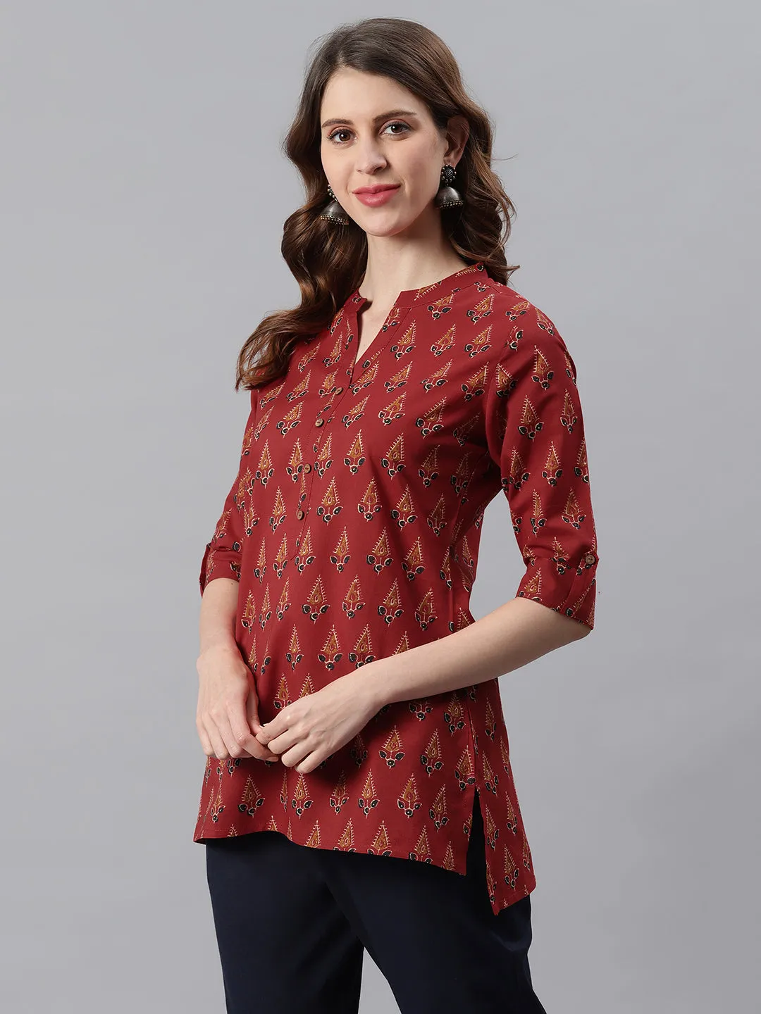 Red Cotton Ethnic Motifs Straight Tunic