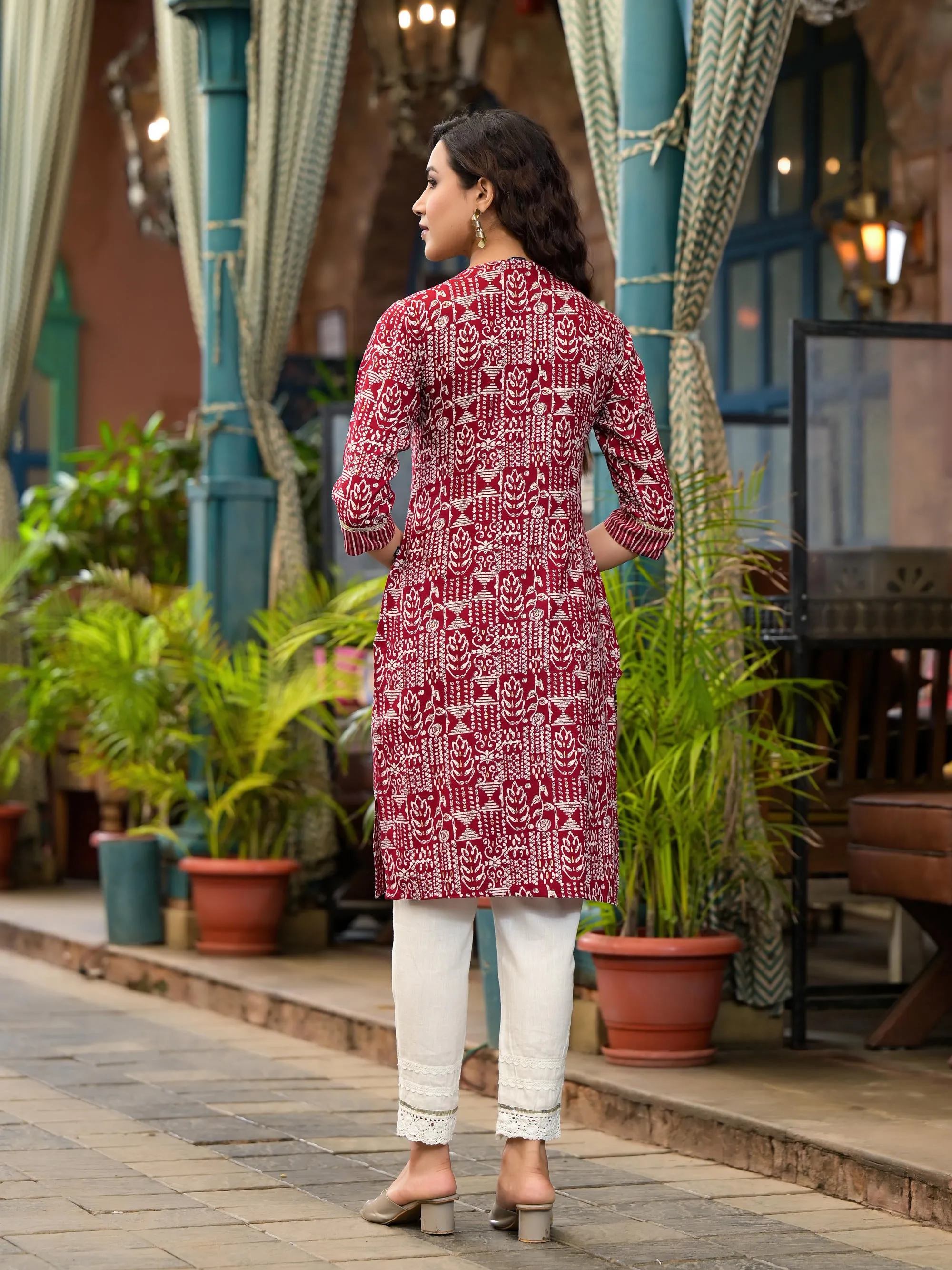 Red Ethnic Motif Printed Liva Rayon Kurta With Thread And Mirror Work & Lace