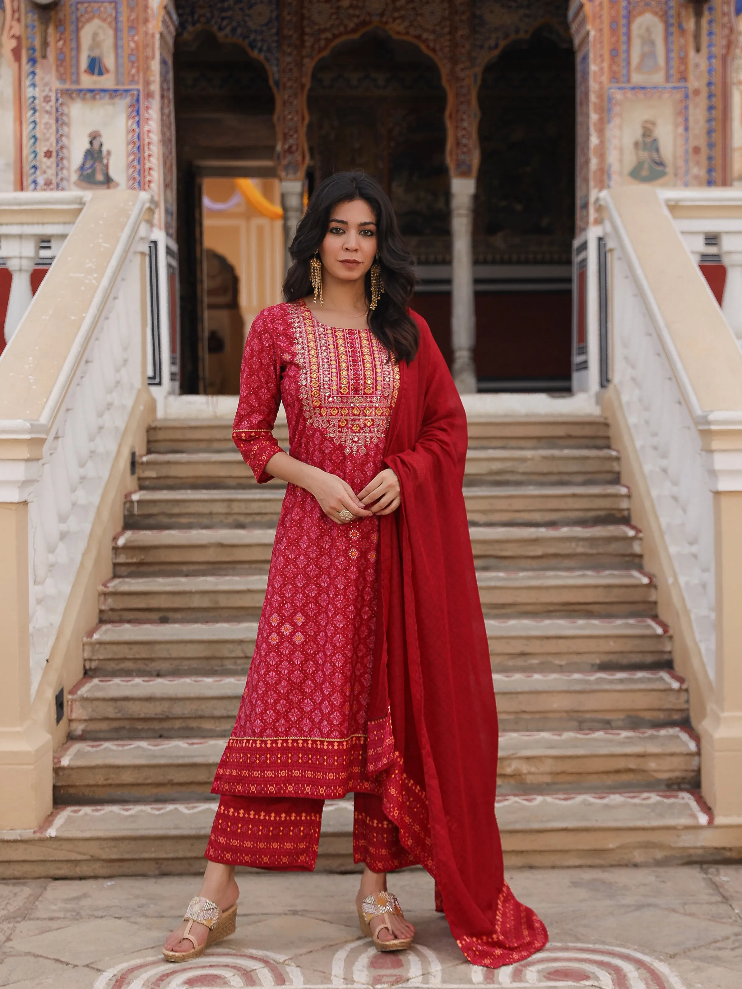 Red Ethnic Motif Printed Polycotton Kurta Pant And Dupatta Set With Thread Zari Work & Sequins