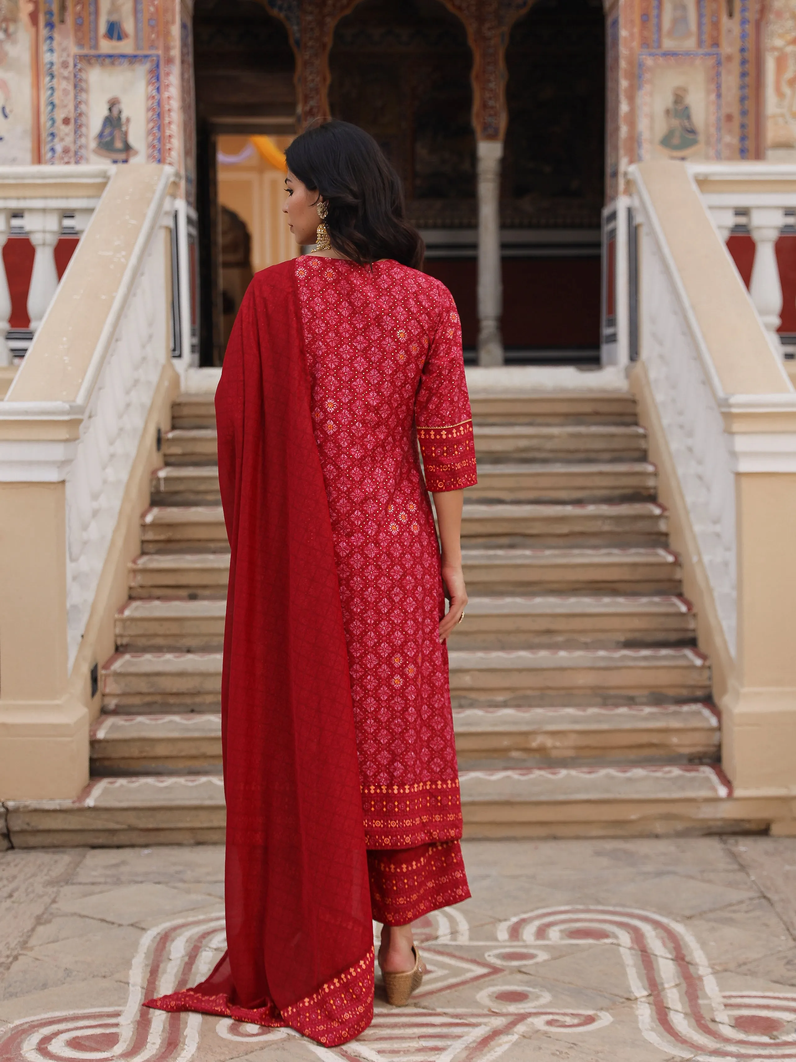 Red Ethnic Motif Printed Polycotton Kurta Pant And Dupatta Set With Thread Zari Work & Sequins