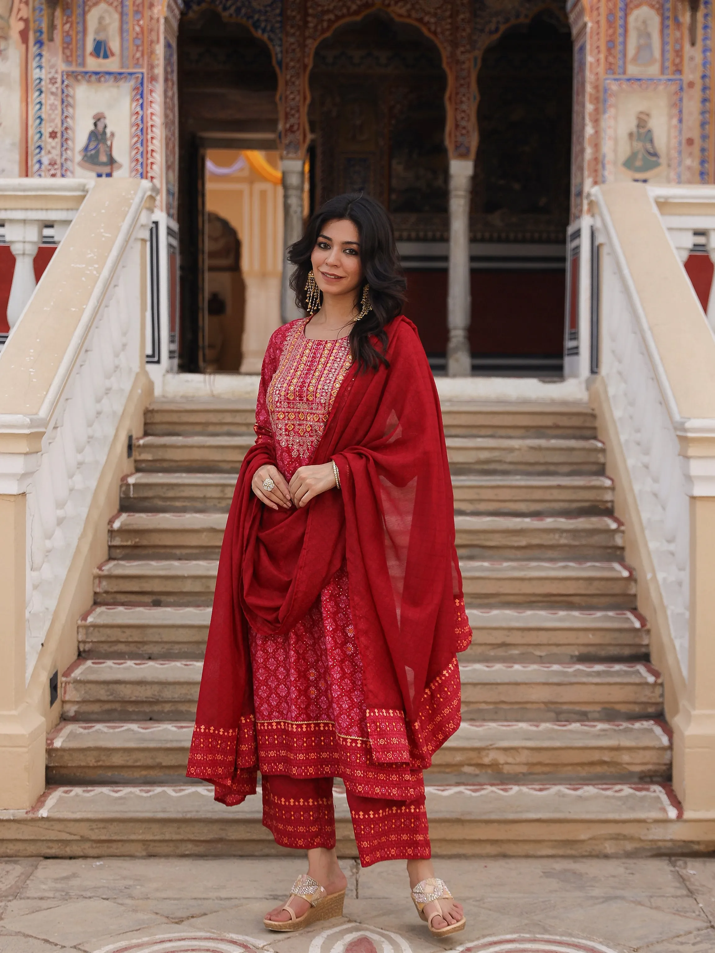 Red Ethnic Motif Printed Polycotton Kurta Pant And Dupatta Set With Thread Zari Work & Sequins