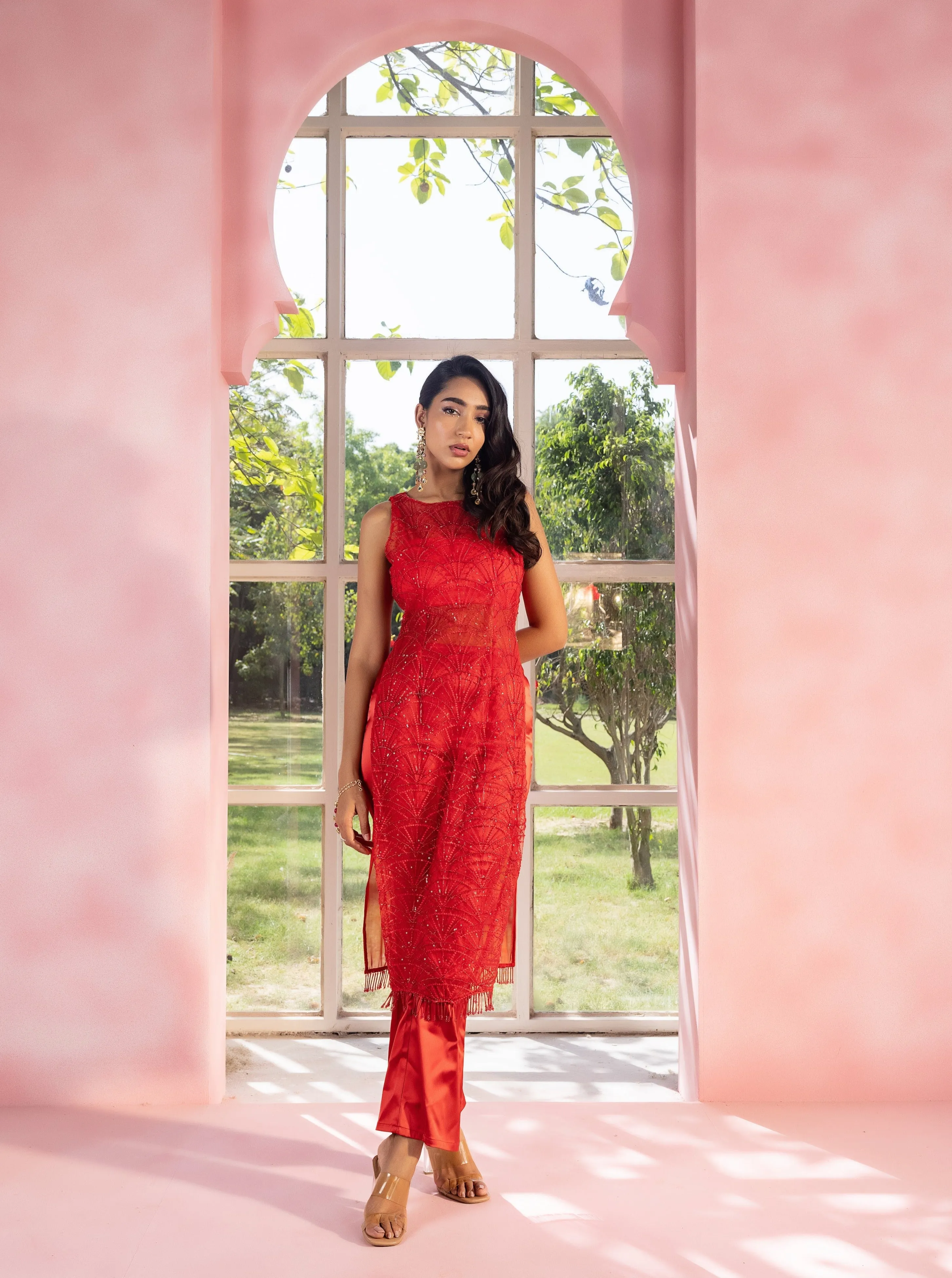 Reeva and Zeel Red Hand-Embroidered Kurta Set