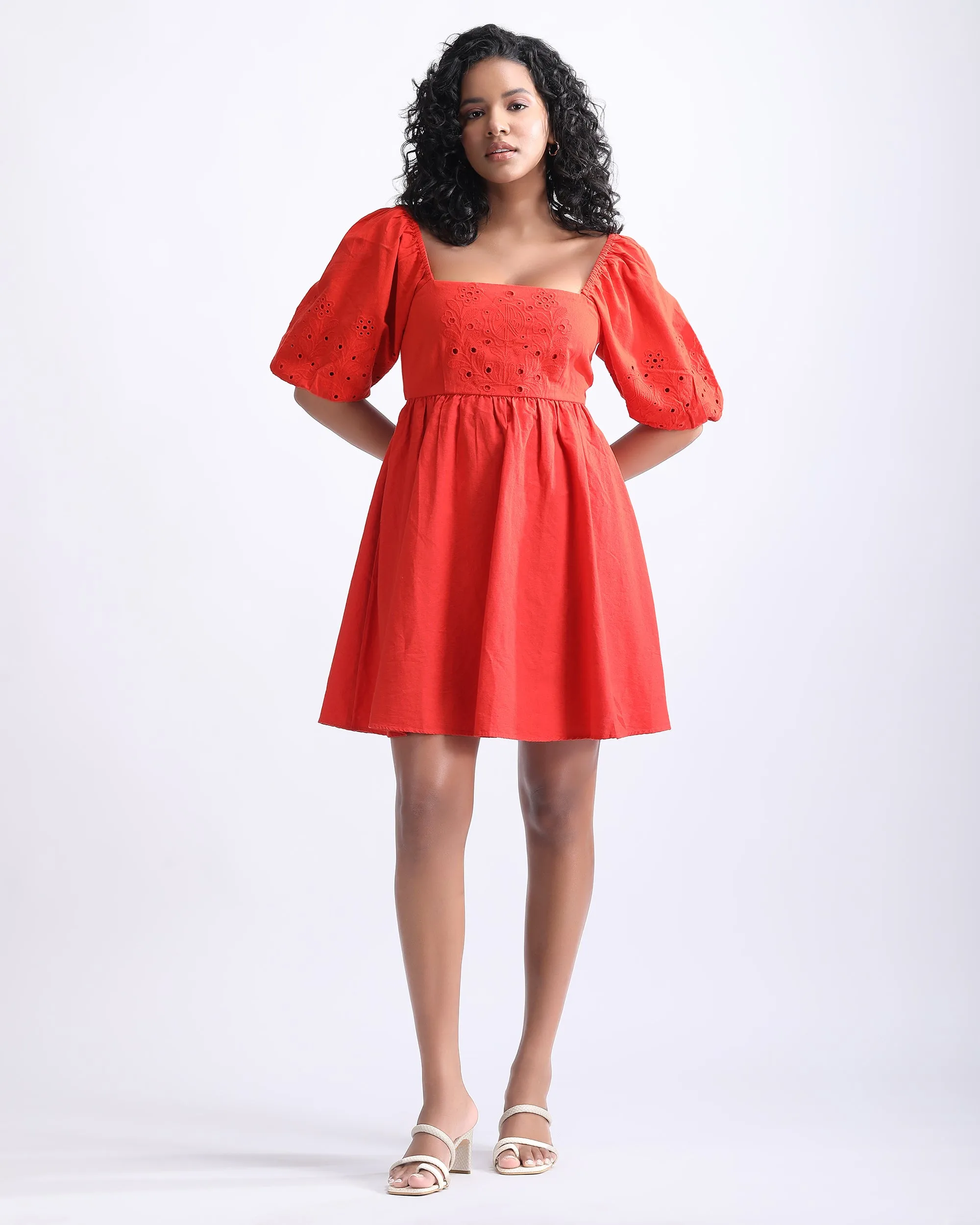 SCHIFFLI PUFF SLEEVES MINI DRESS