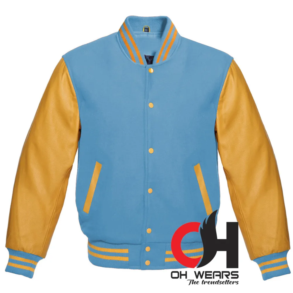 Sky Blue Wool and Genuine Yellow Leather Sleeves Varsity Jacket