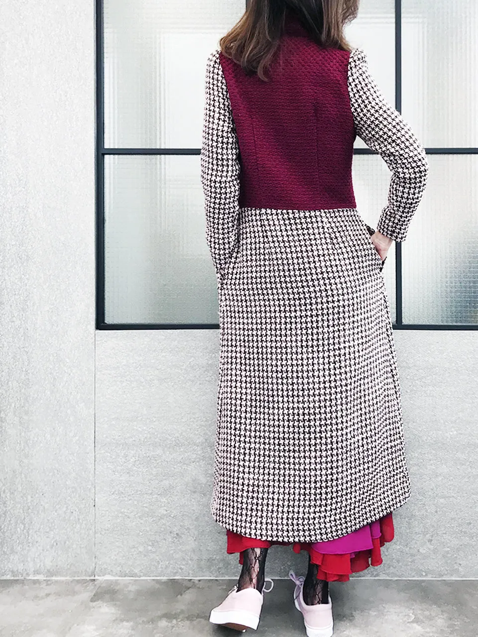 Surprise Sale! Burgundy and Houndstooth Colourblock Woolen Long Coat