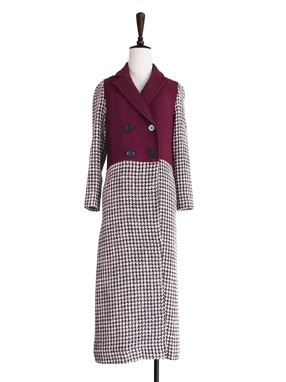 Surprise Sale! Burgundy and Houndstooth Colourblock Woolen Long Coat