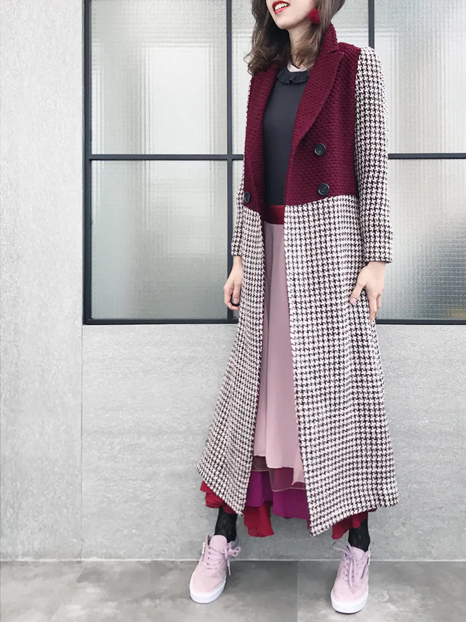 Surprise Sale! Burgundy and Houndstooth Colourblock Woolen Long Coat