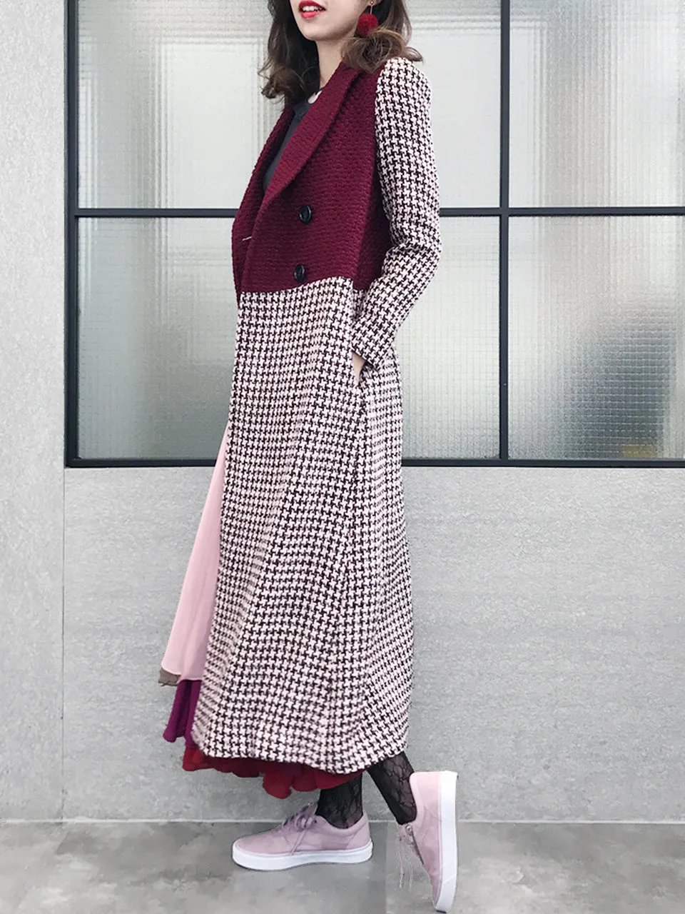 Surprise Sale! Burgundy and Houndstooth Colourblock Woolen Long Coat