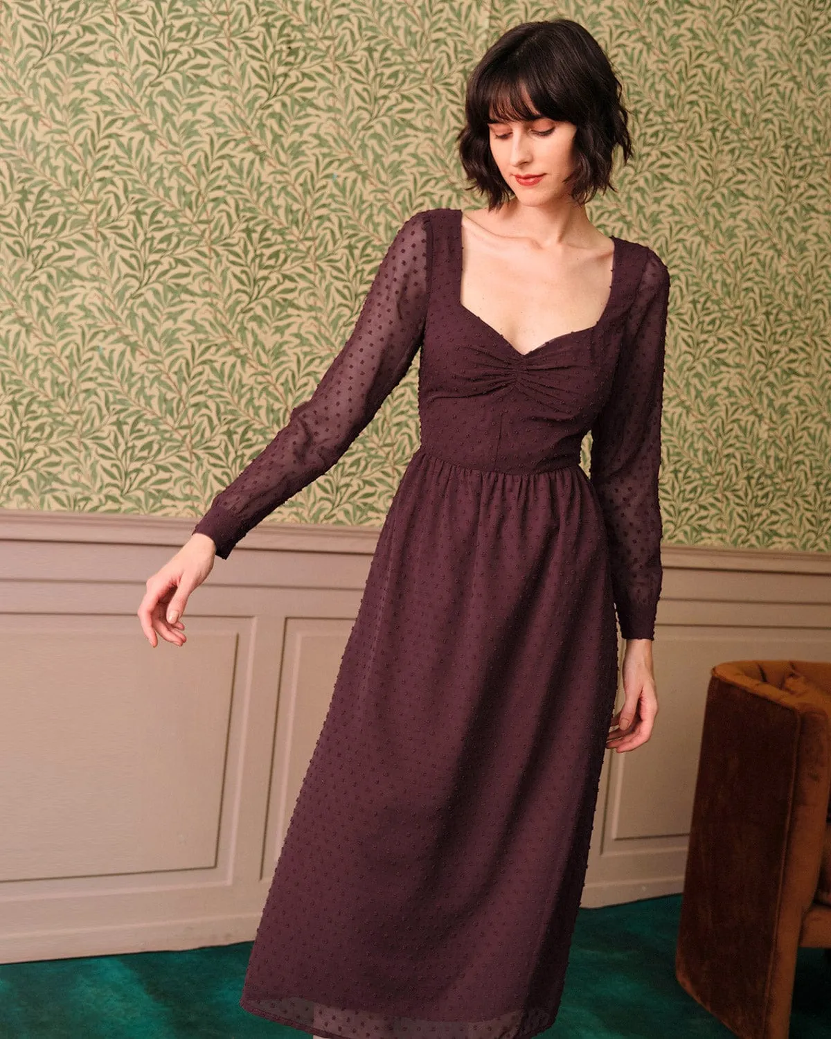 The Sweetheart Neckline Sheer Sleeve Midi Dress