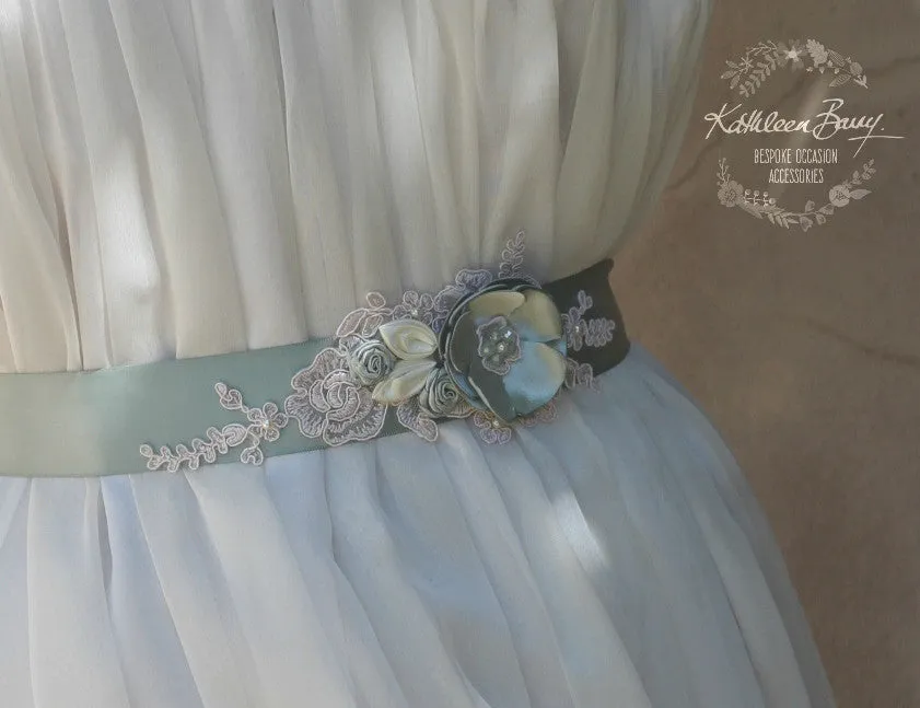 Tiffany dress sash belt wedding - floral with lace - bridal belt ivory sage green sea foam shades - sea glass - colors to order