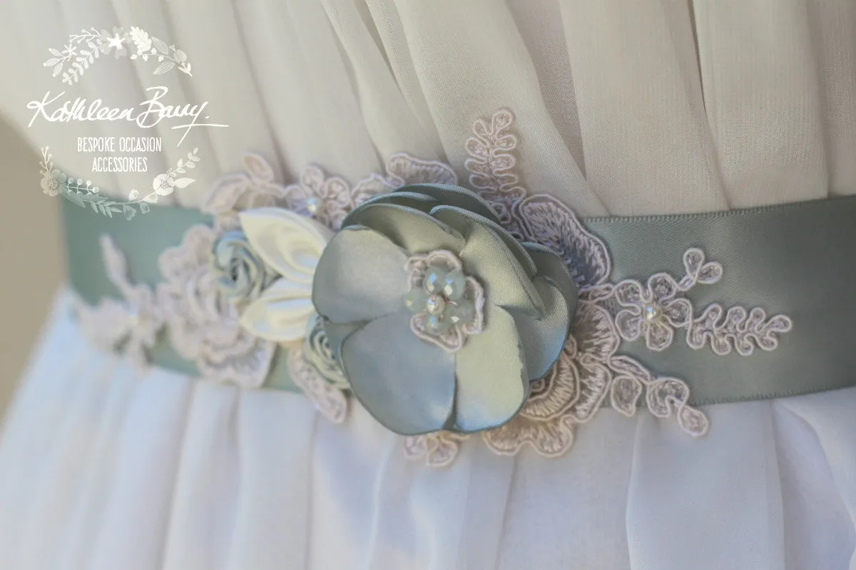 Tiffany dress sash belt wedding - floral with lace - bridal belt ivory sage green sea foam shades - sea glass - colors to order