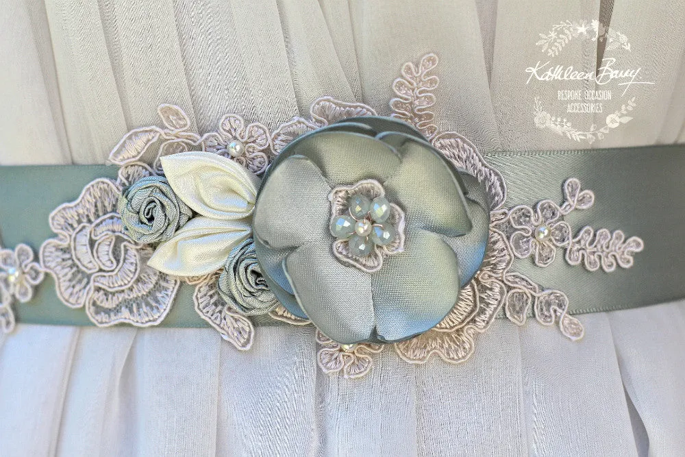 Tiffany dress sash belt wedding - floral with lace - bridal belt ivory sage green sea foam shades - sea glass - colors to order