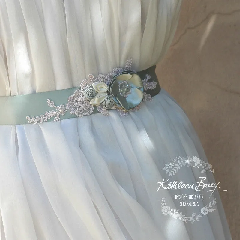 Tiffany dress sash belt wedding - floral with lace - bridal belt ivory sage green sea foam shades - sea glass - colors to order