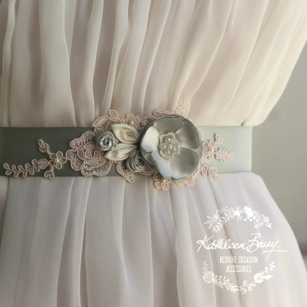 Tiffany dress sash belt wedding - floral with lace - bridal belt ivory sage green sea foam shades - sea glass - colors to order